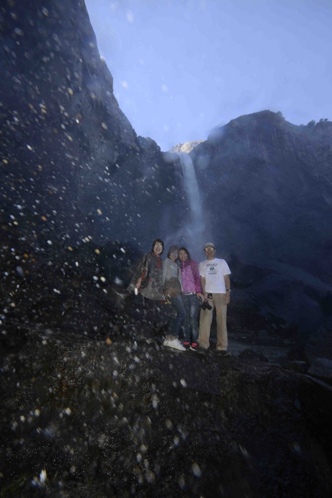 Fun in the spray of Yosemite Falls